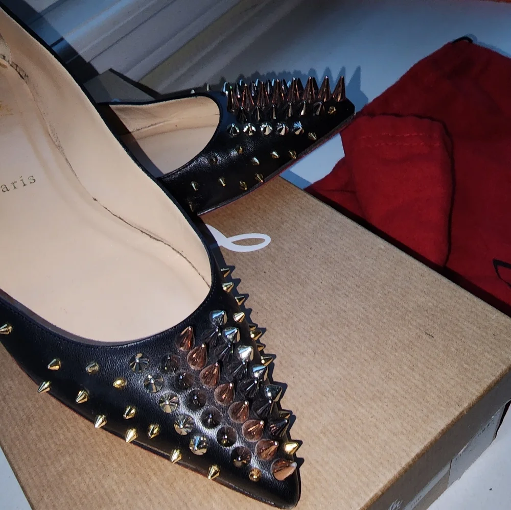 Christian Louboutin Black Spiked Pointed-Toe Flats size 37.5